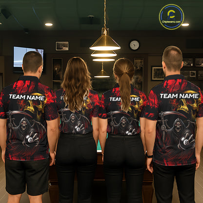 Pool Team Wearing Red Grim Reaper Skull 8 Ball Custom Billiard Team Jerseys Featuring the Complete Back Graphic, Back View