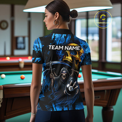 Woman Wearing Blue Grim Reaper Skull 8 Ball Custom Billiard League Team Jersey Featuring the Complete Rear Graphic Design, Back View