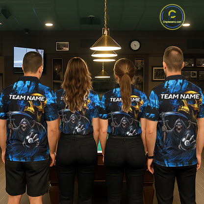 Pool Team Wearing Blue Grim Reaper Skull 8 Ball Custom Billiard League Jerseys Featuring the Complete Back Artwork, Back View