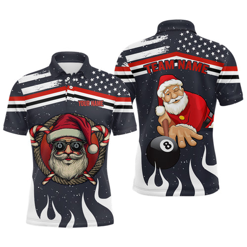 Personalized Funny Christmas Shirts Santa Playing Billiard Custom US Flag Fire Men Polo Shirts TDM0617