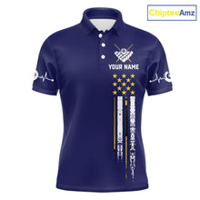 Load image into Gallery viewer, Customized Navy Blue American Flag Billiard Shirt For Men, 8 Ball Pool Team Jersey Polo &amp; 1/4 Zip TDM6586