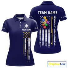 Load image into Gallery viewer, Customized Navy Blue American Flag Billiard Shirt For Women, 9 Ball Pool Team Jersey Polo &amp; 1/4 Zip TDM6587