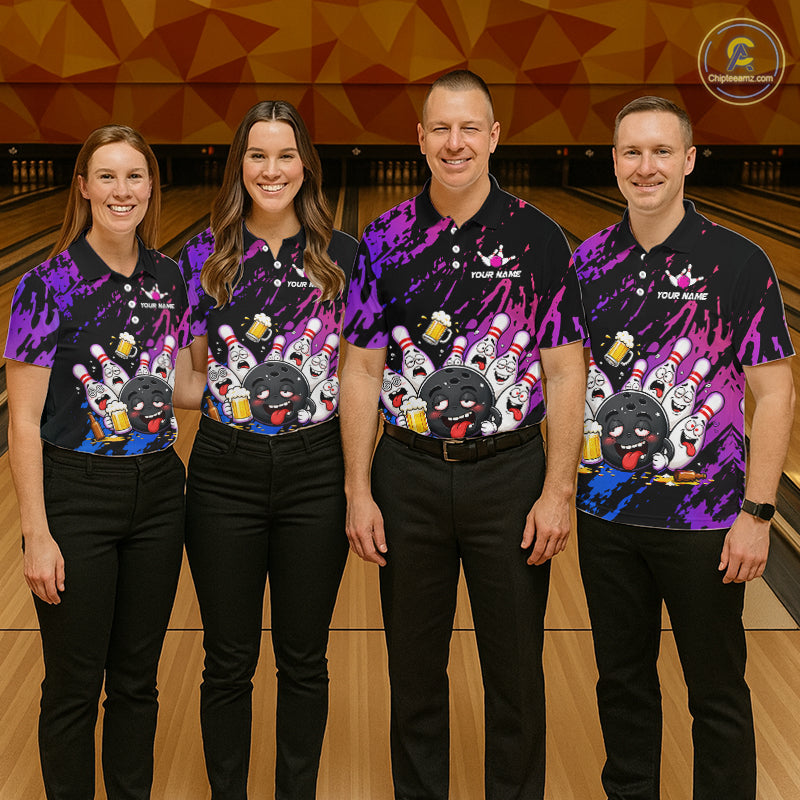 Custom Blue Purple Drunk Bowling Balls And Pins Funny Bowling Shirts For Men, Beer Bowling Jersey TDM6596