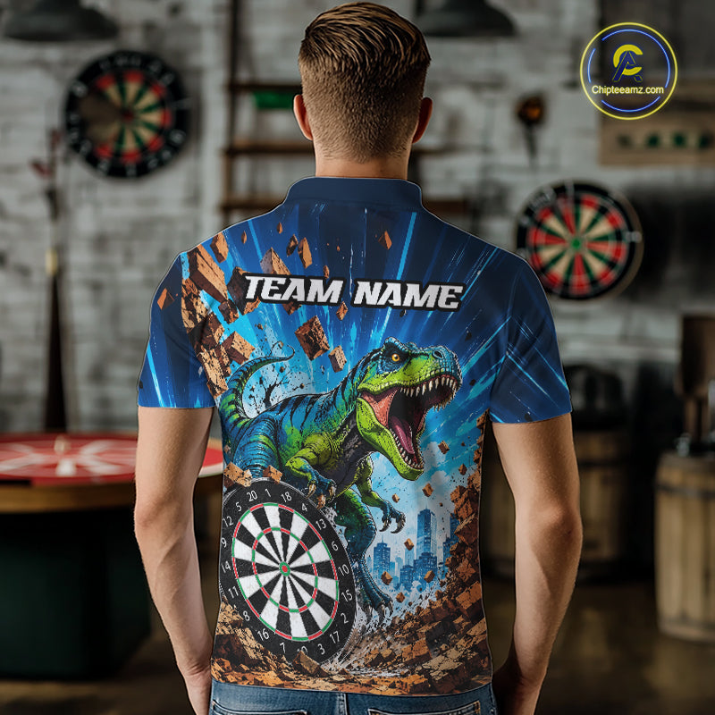 Man Wearing Personalized Dinosaur Funny Custom Darts Team Jersey Featuring the Complete Rear Graphic Design and Personalized Details, Back View