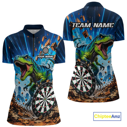 Personalized Dinosaur Funny Quarter Zip Darts Shirt Created for Dart League Teams with Performance Fabric, Custom Team Design, and Tournament Ready Comfort