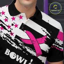 Load image into Gallery viewer, Breast Cancer Awareness American Flag Bowling Shirt For Men Custom Pink Ribbon Bowling Team Jersey TDM4655