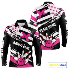 Load image into Gallery viewer, Breast Cancer Awareness American Flag Bowling Shirt For Men Custom Pink Ribbon Bowling Team Jersey TDM4655