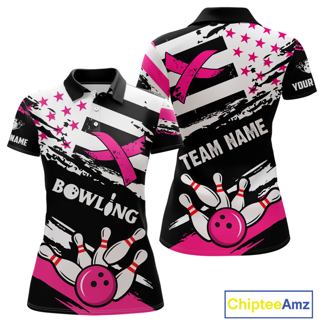 Breast Cancer Awareness American Flag Bowling Shirt For Women Custom Pink Ribbon Bowling Team Jersey TDM4655