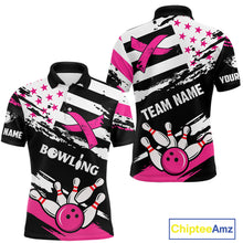 Load image into Gallery viewer, Breast Cancer Awareness American Flag Bowling Shirt For Men Custom Pink Ribbon Bowling Team Jersey TDM4655