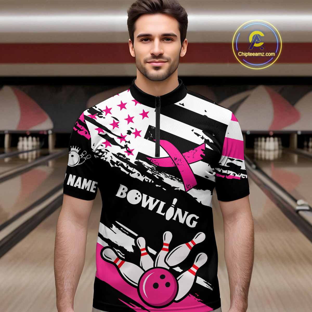Breast Cancer Awareness American Flag Bowling Shirt For Men Custom Pink Ribbon Bowling Team Jersey TDM4655