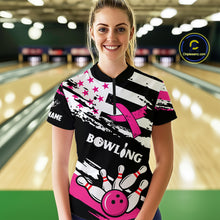 Load image into Gallery viewer, Breast Cancer Awareness American Flag Bowling Shirt For Women Custom Pink Ribbon Bowling Team Jersey TDM4655