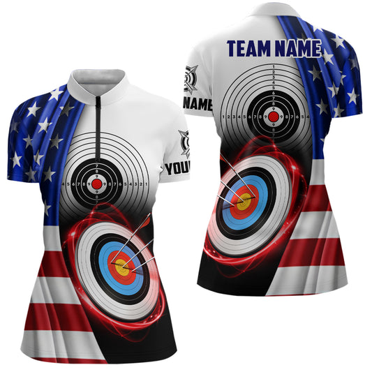 American Flag Archery Target Custom Women Quarter-Zip Shirts, Patriotic US Archery Jerseys TDM0992