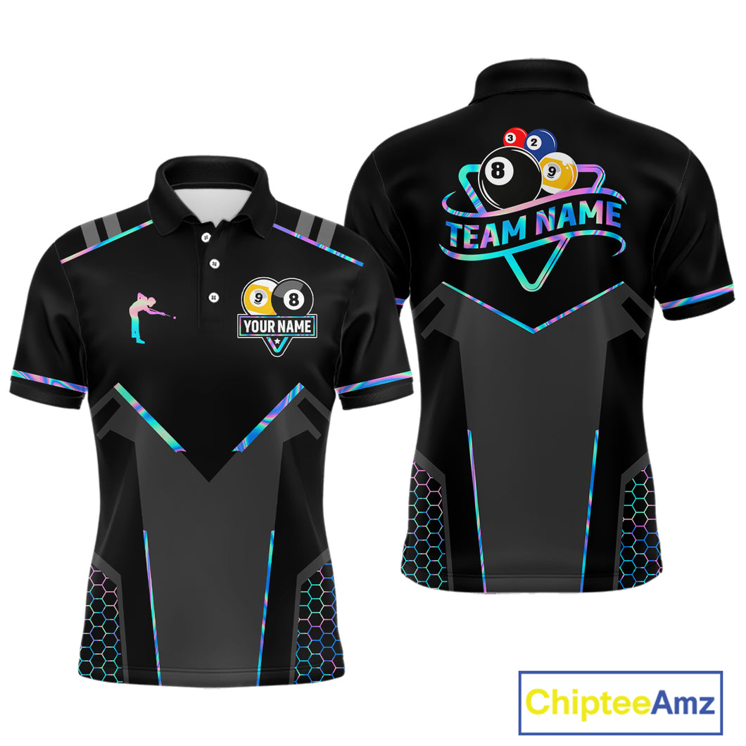 Personalized Holographic Billiard 8 Ball & 9 Ball Pool Polo, 1/4 Zip For Men, Billiard Team Jersey TDM4253