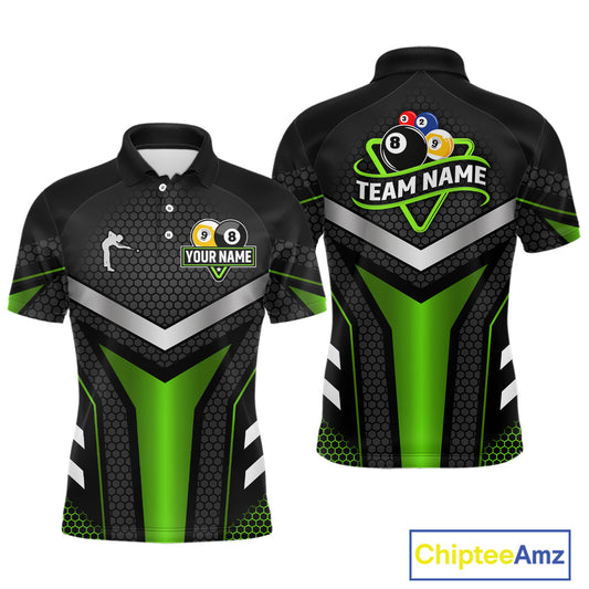 Personalized Billiard 8 Ball & 9 Ball Pool Polo, 1/4 Zip For Men Custom Team Billiard Jersey|Green TDM4256