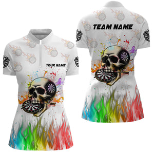 Personalized Funny 3D Darts Skull Colorful Fire Women Darts Shirts Custom Dart Team Jerseys | White TDM2593