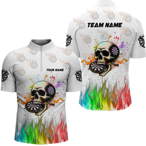 Personalized Funny 3D Darts Skull Colorful Fire Darts Shirts For Men Custom Dart Team Jerseys | White TDM2593