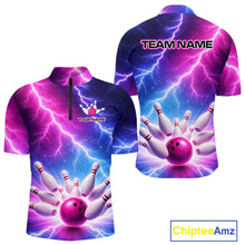Load image into Gallery viewer, Custom Thunder Lightning Blue And Pink Bowling Shirt For Men, Bowling Team Jersey Polo &amp; 1/4 Zip TDM6190
