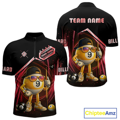 Black and red billiard quarter zip shirt with funny 9 ball design, customizable your name & team name pool jersey for men