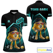 Load image into Gallery viewer, Black and turquoise billiard quarter zip shirt with funny 9 ball design, customizable your name &amp; team name pool jersey for women