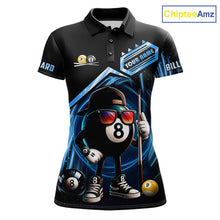 Load image into Gallery viewer, Black and blue billiard polo shirt with funny 8 ball and 9 ball design, customizable your name &amp; team name pool jersey for women