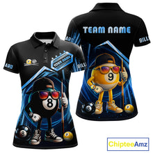 Load image into Gallery viewer, Black and blue billiard polo shirt with funny 8 ball and 9 ball design, customizable your name &amp; team name pool jersey for women