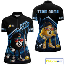 Load image into Gallery viewer, Black and blue billiard quarter zip shirt with funny 8 ball and 9 ball design, customizable your name &amp; team name pool jersey for women