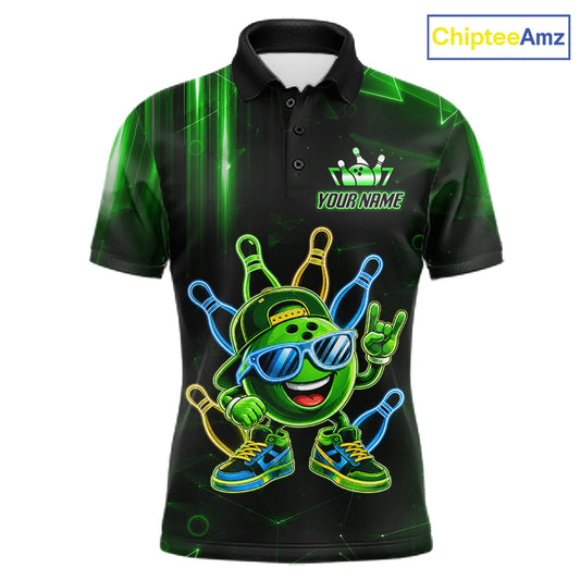 Green funny neon bowling ball custom bowling polo shirt for men, personalized bowling team jersey for league tournaments.