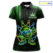 Load image into Gallery viewer, Green funny neon bowling ball custom bowling polo shirt for women.