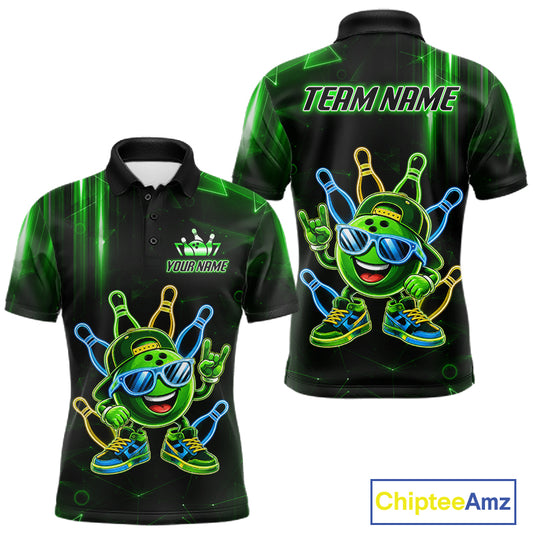 Green funny neon bowling ball bowling team polo shirt for men with vibrant neon bowling graphics.