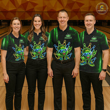 Load image into Gallery viewer, Bowling team wearing matching green funny neon bowling ball custom bowling jerseys front view.