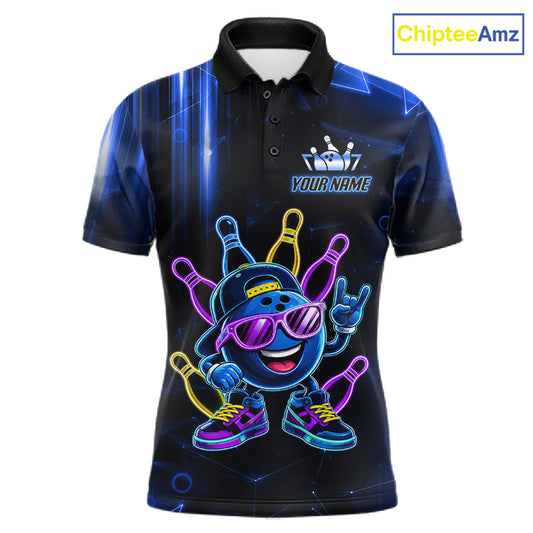 Blue funny neon bowling ball custom bowling polo shirt for men, personalized bowling team jersey for league tournaments.