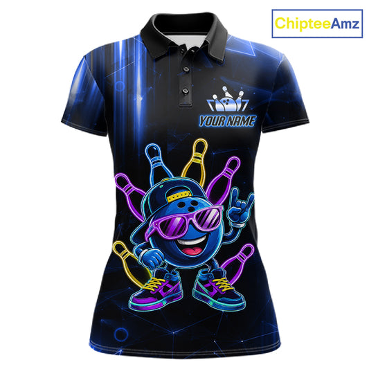 Blue funny neon bowling ball custom bowling polo shirt for women, personalized bowling team jersey for league tournaments.