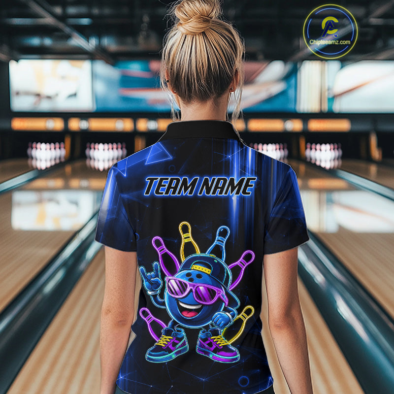 Back view of woman wearing a blue funny neon bowling ball bowling polo shirt, custom bowling team jersey design.