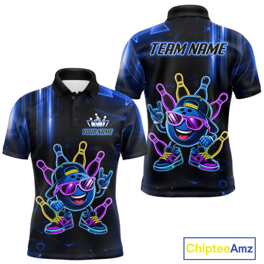 Blue funny neon bowling ball bowling team polo shirt for men with vibrant neon bowling graphics.