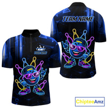 Load image into Gallery viewer, Blue funny neon bowling ball quarter zip bowling shirt for men, custom bowling team jersey and tournament apparel.