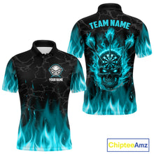 Load image into Gallery viewer, Fire Flame Skull Darts Polo &amp; Quarter Zip Custom Darts Shirts For Men, Darts Team Jersey|Turquoise TDM5320