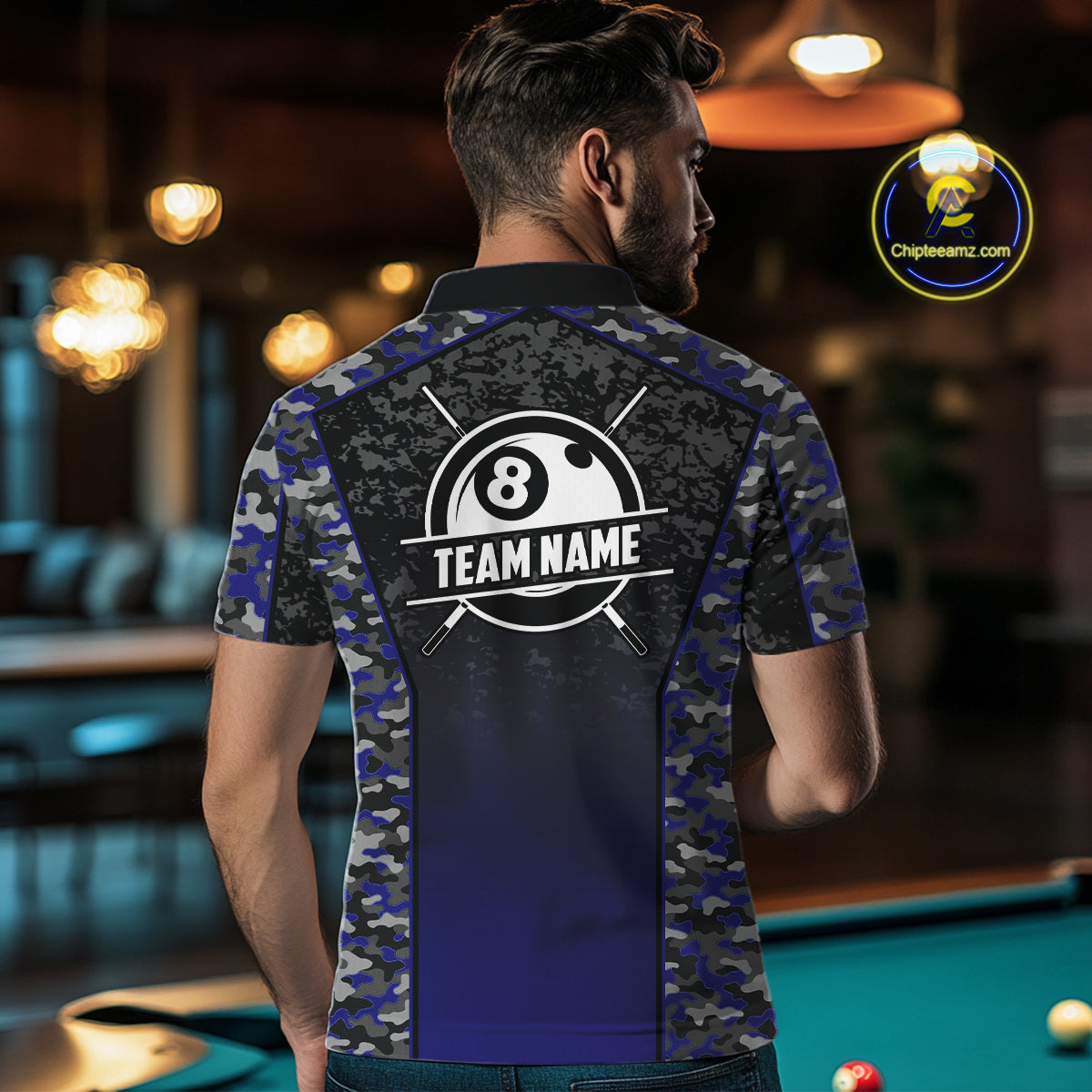 Navy Blue Camo 8 Ball Billiard Shirt For Men Custom Pool Team Shirt, Billiard Jersey Polo & 1/4 Zip TDM5580
