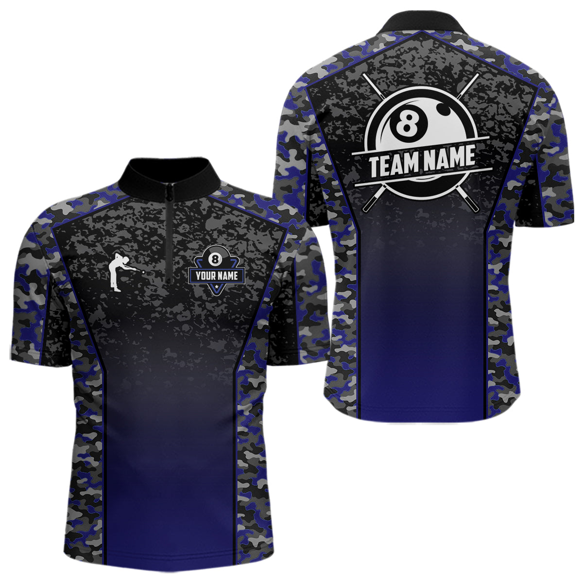 Navy Blue Camo 8 Ball Billiard Shirt For Men Custom Pool Team Shirt, Billiard Jersey Polo & 1/4 Zip TDM5580