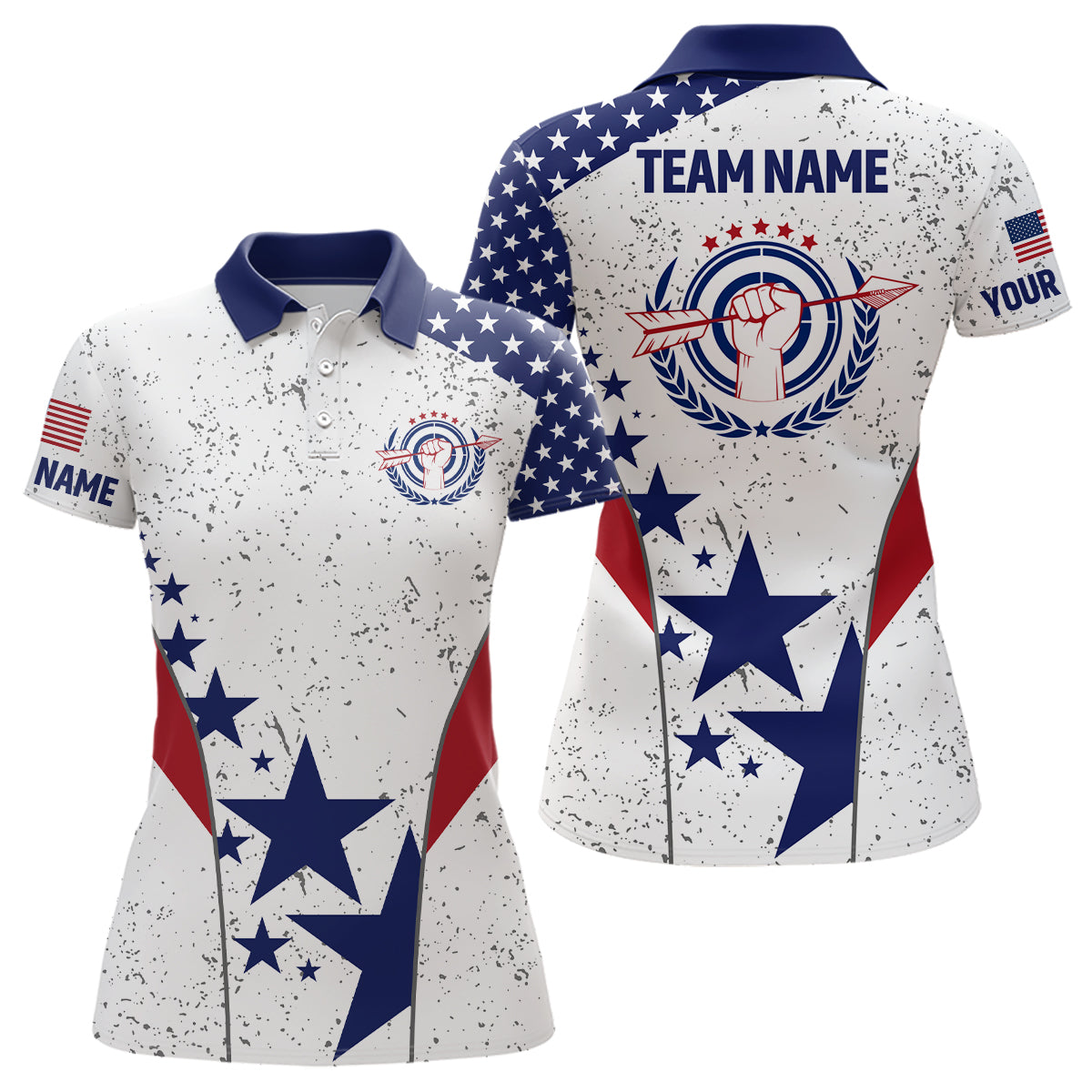 Personalized Grunge US Flag Archery Polo Shirts For Women Custom Patriotic Archery Jerseys TDM0644