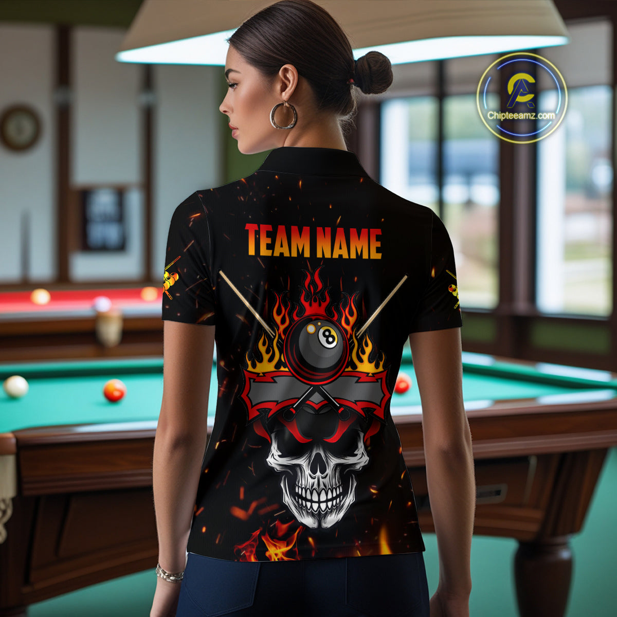 Personalized Fire Flame Skull American Flag Billiard Shirts For Women, 8 Ball Pool Billiard Jerseys TDM3340