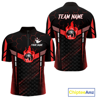 Black And Red Bowling Jersey For Men Custom Flame Bowling Shirt Team Polo & Quarter Zip TDM5824
