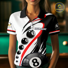 Load image into Gallery viewer, Woman wearing a red 8 ball and 9 ball billiard jersey front view.