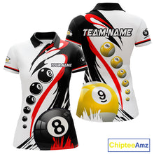 Load image into Gallery viewer, Personalized red 8 ball and 9 ball custom billiard polo shirt for women, billiard league team jersey.