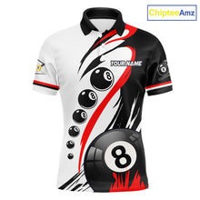 Load image into Gallery viewer, Personalized red 8 ball and 9 ball custom billiard polo shirt for men, billiard league team jersey.