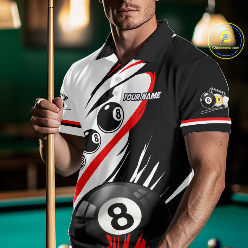 Man wearing a red 8 ball and 9 ball billiard jersey front view.