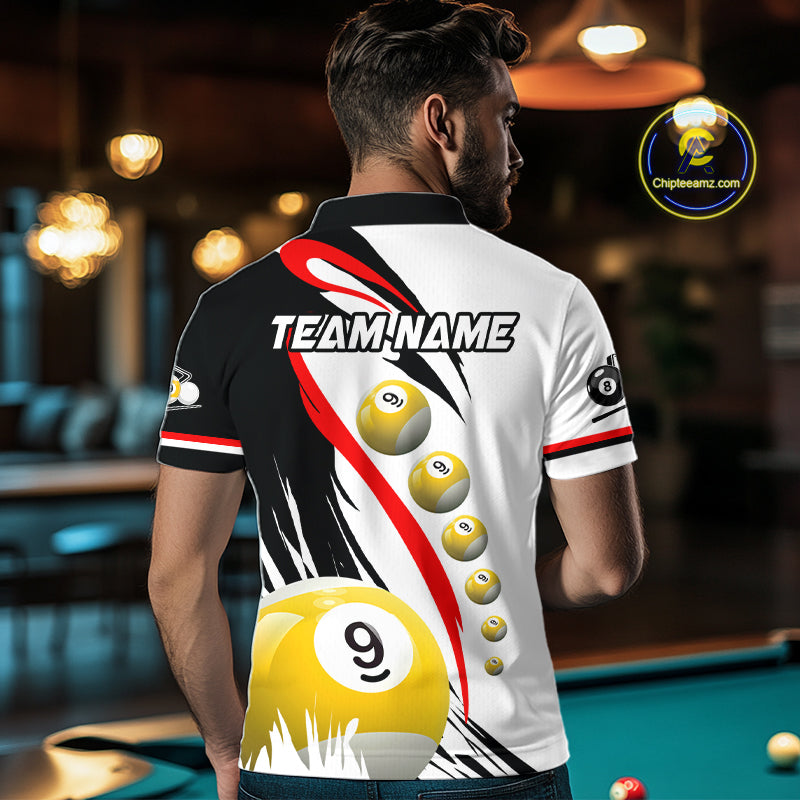 Back view of man wearing a red 8 ball and 9 ball pool jersey.