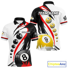 Load image into Gallery viewer, Personalized red 8 ball and 9 ball custom billiard polo shirt for men, billiard league team jersey.