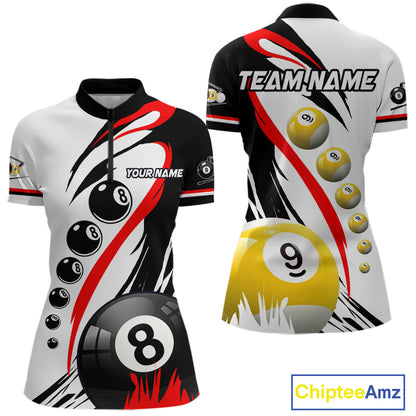 Red 8 ball and 9 ball quarter zip billiard shirt for women, custom pool team jersey.
