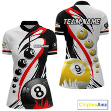 Load image into Gallery viewer, Red 8 ball and 9 ball quarter zip billiard shirt for women, custom pool team jersey.
