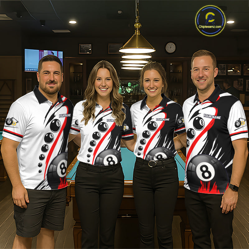 Pool team wearing matching red 8 ball and 9 ball billiard jerseys front view.